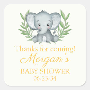 Sticker Carré Baby shower neutre jaune éléphant vert