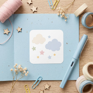 Sticker Carré Baby Shower Nuages Pastels et Étoiles