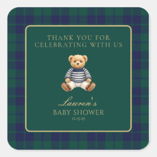 Sticker Carré Baby Shower Ours à carreaux vert et marine classiq