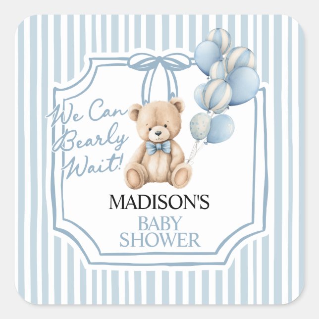 Sticker Carré Baby-Shower Ours Bleu  (Devant)