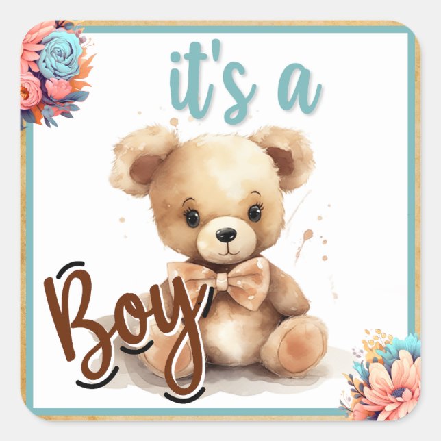 Sticker Carré Baby shower Ours Bleu Boho (Devant)