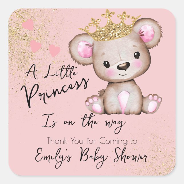 Sticker Carré Baby shower Ours Princesse rose étincelante (Devant)