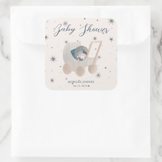 Sticker Carré Baby Shower Ourson Céleste Mignon (Sac)