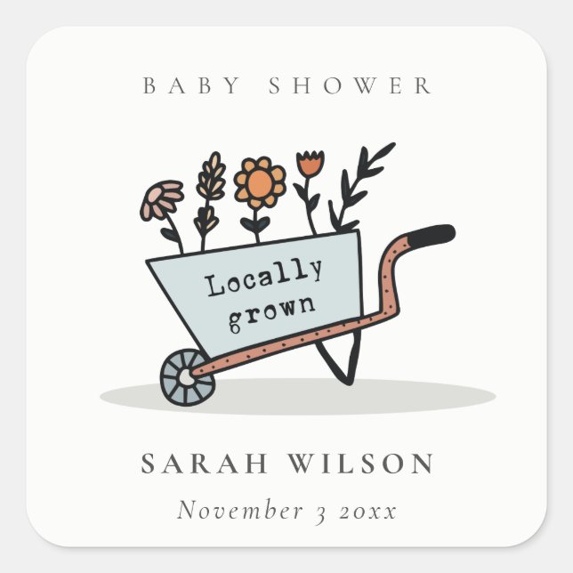 Sticker Carré Baby shower Panier Floral Bleu Cultivé Localement (Devant)