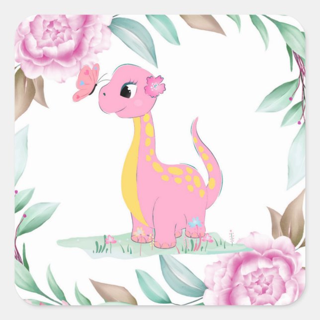 Sticker Carré Baby shower papillon bleu rose jaune Dinosaure Cl (Devant)