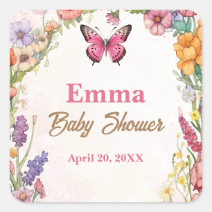 Sticker Carré Baby shower papillon rose Jardin floral