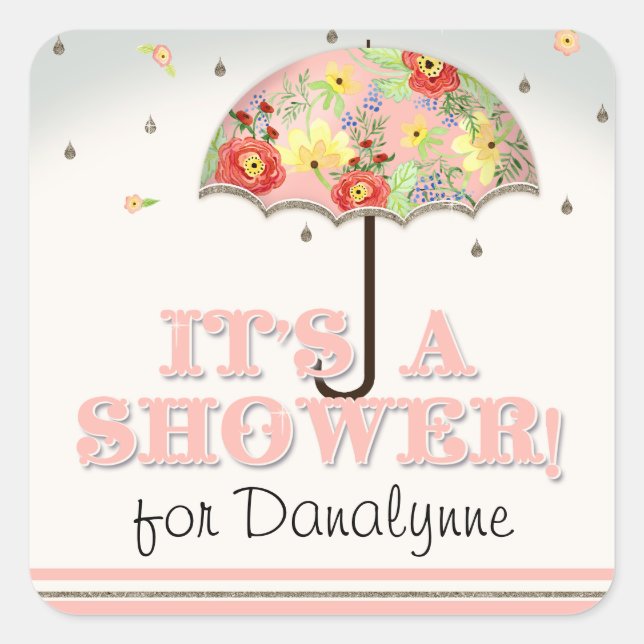 Sticker Carré Baby shower parapluie à la mood moderne Floral Ran (Devant)