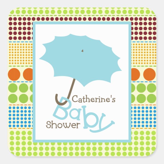 Sticker Carré Baby shower Parapluie Bleu & Points Boho (Devant)