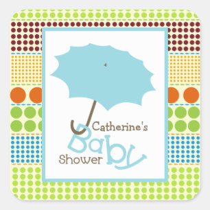 Sticker Carré Baby shower Parapluie Bleu & Points Boho