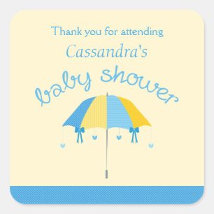 Sticker Carré Baby shower parapluie doux Merci bleu jaune