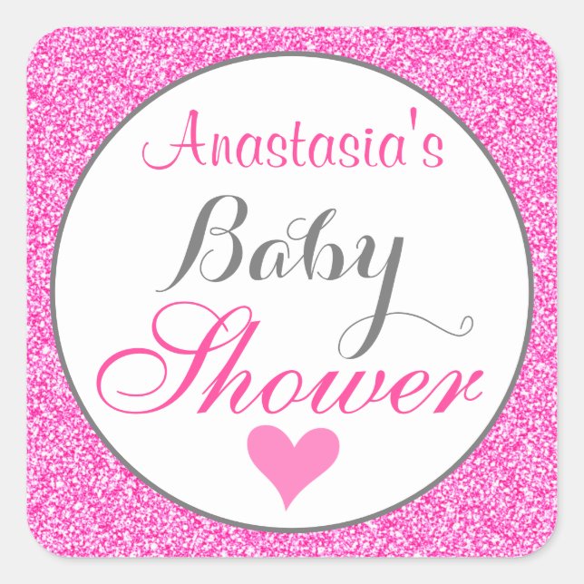 Sticker Carré Baby shower Parties scintillant rose chaud Girly & (Devant)