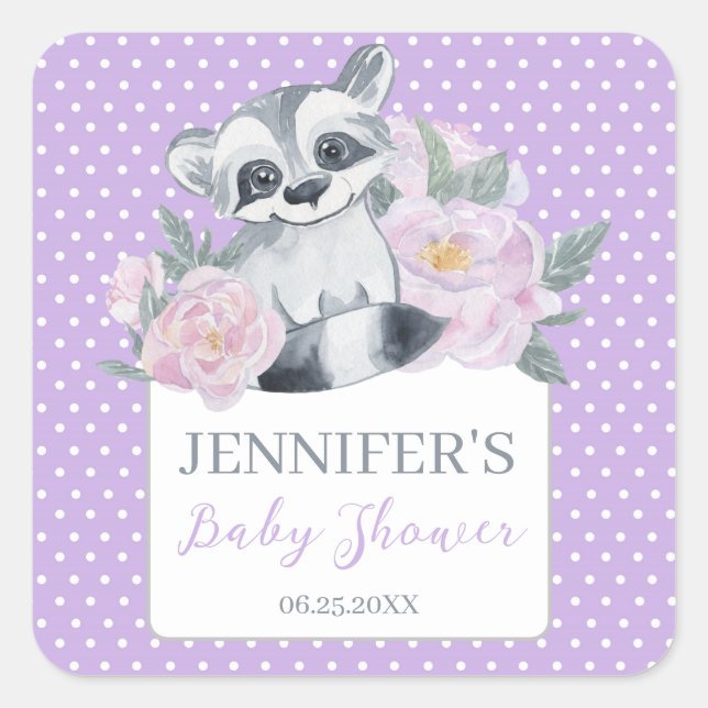 Sticker Carré Baby shower Polkadot violet mignon de Woodland (Devant)