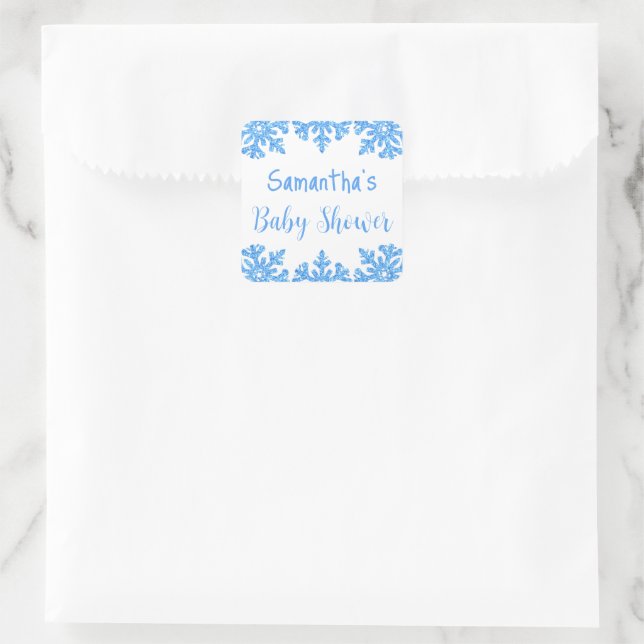 Sticker Carré Baby shower pour garçons d'hiver Blue Snowflake (Sac)
