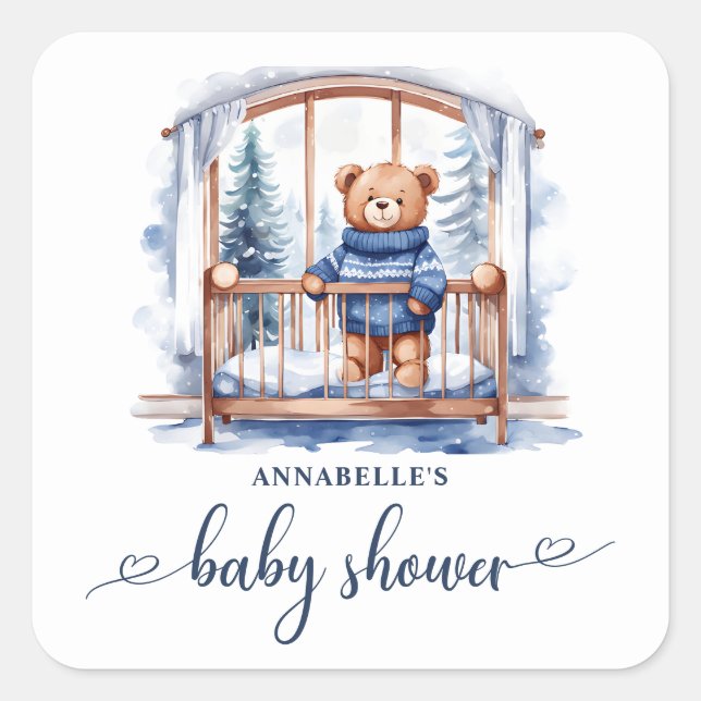 Sticker Carré Baby shower pour garçons d'hiver Teddy Bear (Devant)
