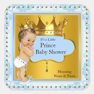 Sticker Carré Baby shower Prince Boy Blue Gold Crown Brunette