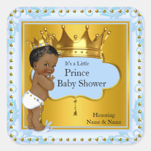 Sticker Carré Baby Shower Prince Garçon Bleu Couronne Dorée Ethn