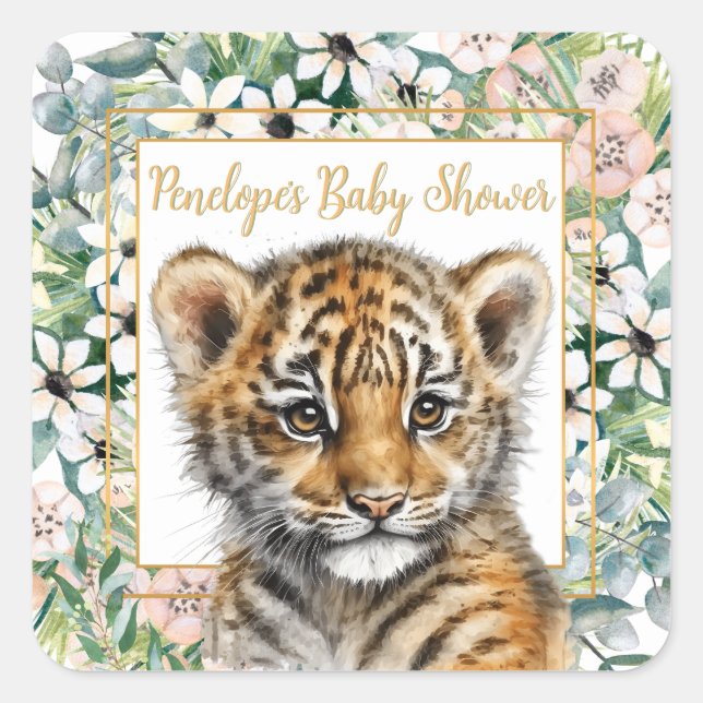 Sticker Carré Baby shower réaliste de Tiger Cub (Devant)