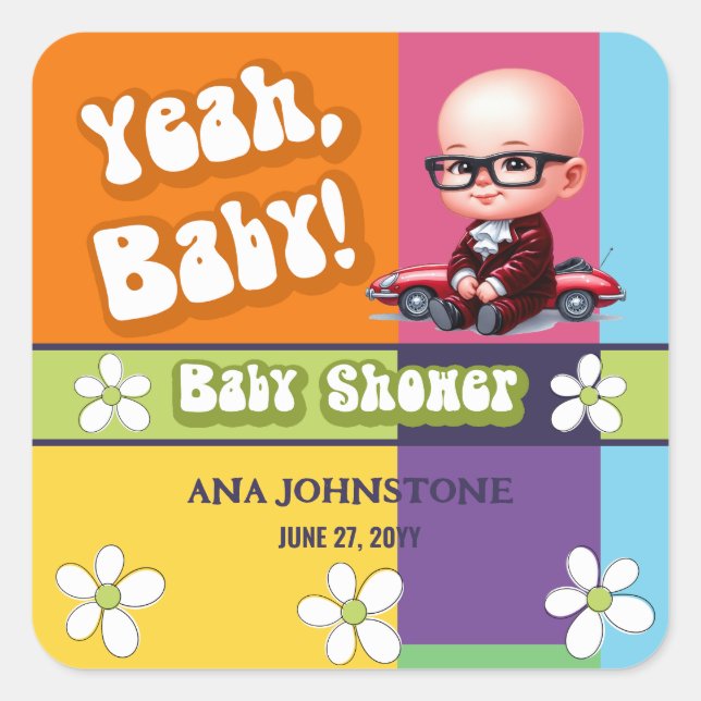 Sticker Carré Baby shower rétro pour bébé (Devant)
