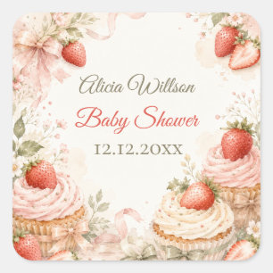 Sticker Carré Baby Shower Romantique aux Fraises