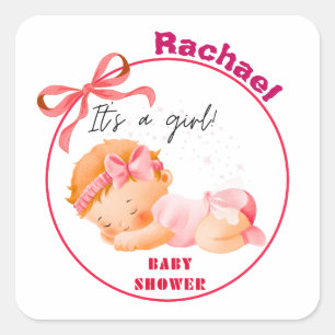 Sticker Carré Baby-Shower rose, Baby-Shower fille