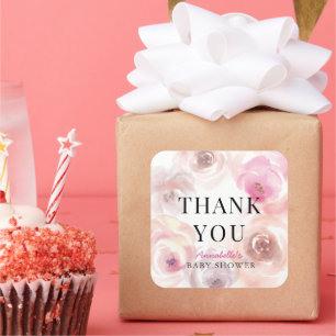 Sticker Carré Baby shower Rose bébé en fleurs aquarelle