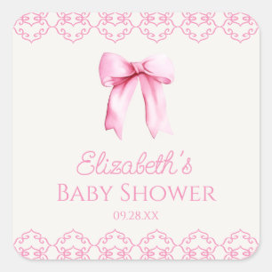 Sticker Carré Baby shower rose Coquette Bow