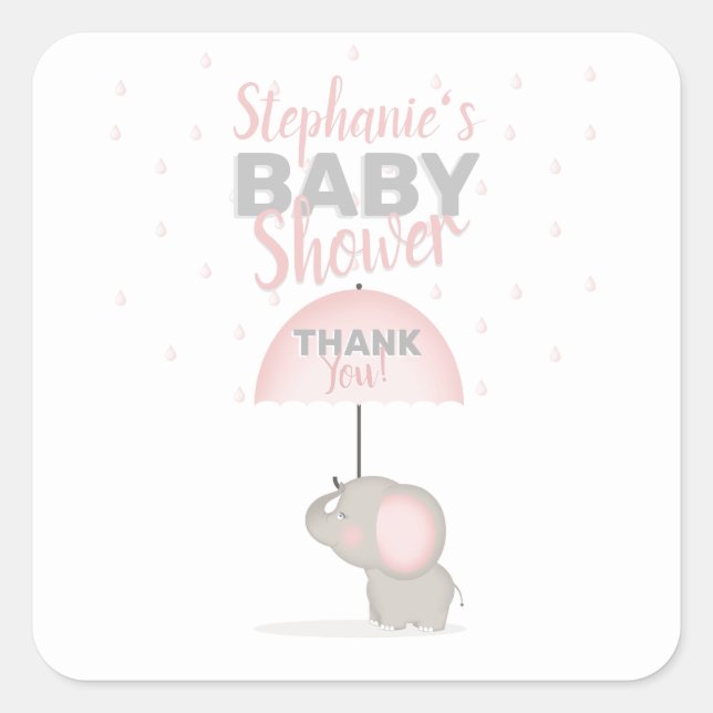 Sticker Carré Baby shower rose éléphant bébé (Devant)