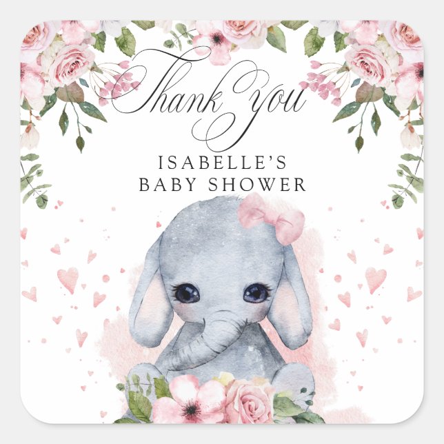 Sticker Carré Baby shower rose Eléphant Merci (Devant)