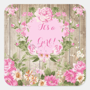 Sticker Carré Baby shower Rose Floral Rustique Bois Girl