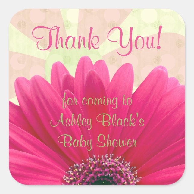 Sticker Carré Baby shower rose Gerbera Daisy Merci (Devant)