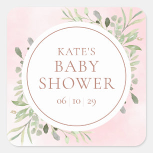 Sticker Carré Baby Shower Rose Gold Aquarelle Feuillage