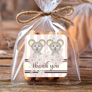 Sticker Carré Baby shower rose Koala Twin fille / Anniversaire d