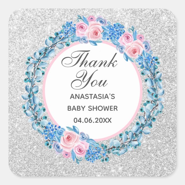 Sticker Carré Baby shower Rose Merci rose argent (Devant)