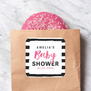 Sticker Carré Baby shower rose noir et blanc chic