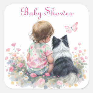 Sticker Carré Baby Shower Rose pour Bébé Fille et son Chien
