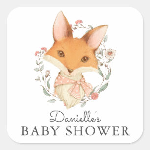 Sticker Carré Baby shower rose renard bois vintage pour fille