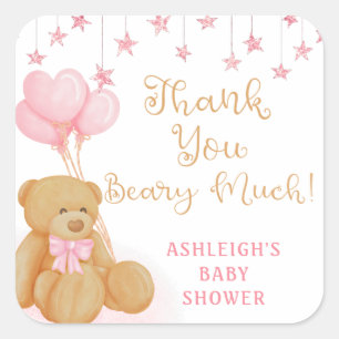 Sticker Carré Baby shower rose Teddy Ours Ballons Merci