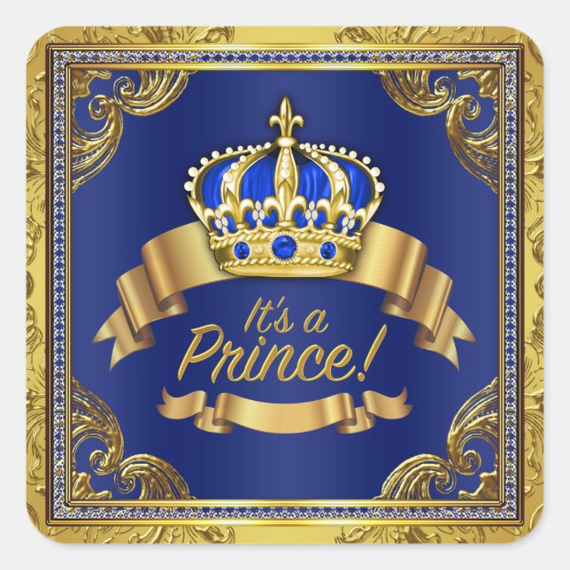 Sticker Carré Baby Shower Royal Bleu Or Prince (Devant)