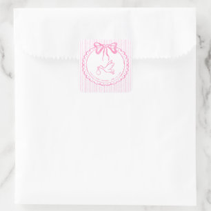 Sticker Carré Baby Shower Ruban Rayé Aquarelle Rose Fantaisiste