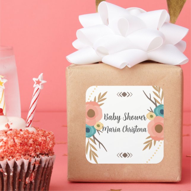 Sticker Carré Baby Shower Rustique Bohème (Fête)