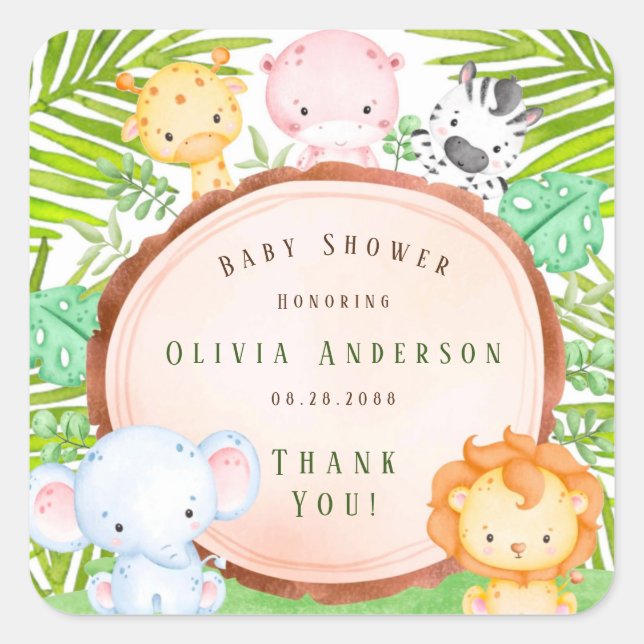 Sticker Carré Baby shower Safari Jungle Cartoon Animaux (Devant)