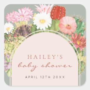 Sticker Carré Baby shower Sage Green Boho Bloom Cactus