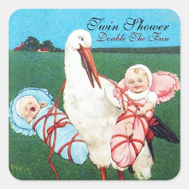 STICKER CARRÉ BABY SHOWER STORK TWIN (Devant)