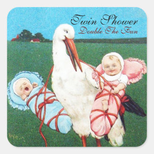 STICKER CARRÉ BABY SHOWER STORK TWIN