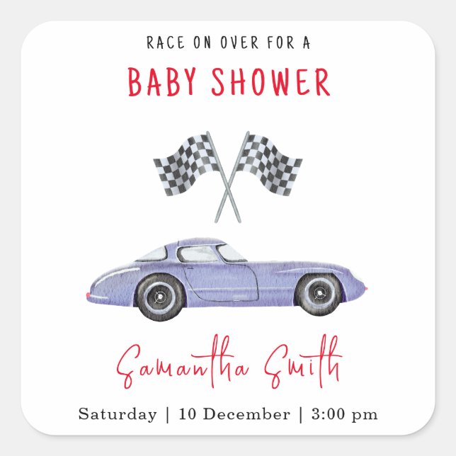 Sticker Carré Baby Shower sur le thème des Courses Automobiles (Devant)