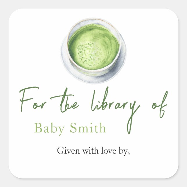 Sticker Carré Baby shower Tea Matcha - Pour la bibliothèque de (Devant)