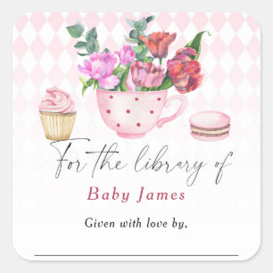 Sticker Carré Baby shower Tea Party - Pour la bibliothèque de