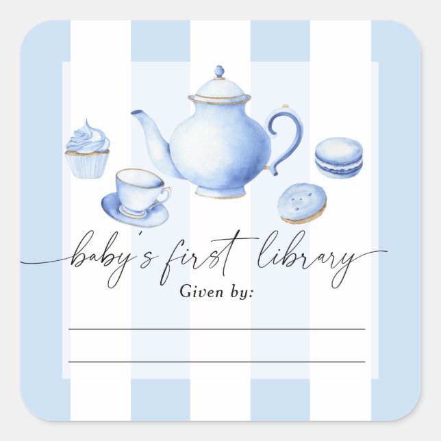 Sticker Carré Baby shower Tea Party - Première bibliothèque pour (Devant)