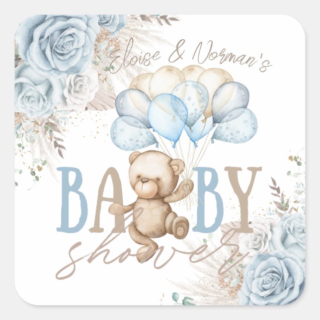 Sticker Carré Baby Shower Thème Garçon Ourson Pampas Fleurs Bleu (Devant)