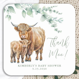 Sticker Carré Baby shower verdoyant de la vache Highland Merci